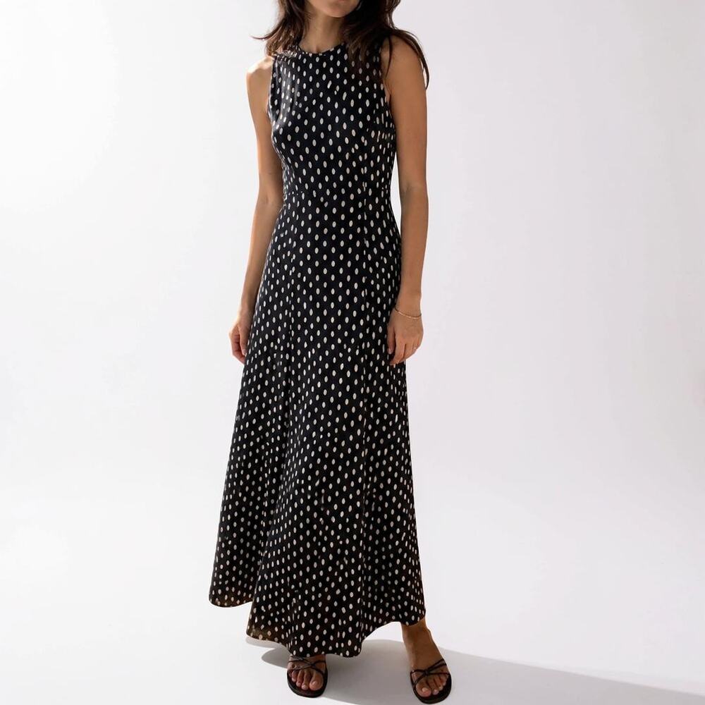 Vintage David Warren Black Polka Dot Tie Back Maxi Dress Size 4